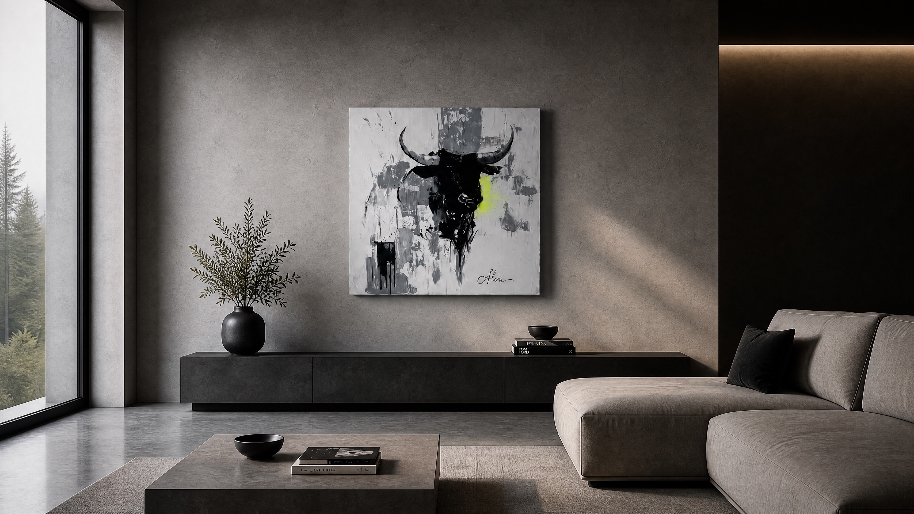 The painting hung above a low console in a wide, quiet living room with morning light